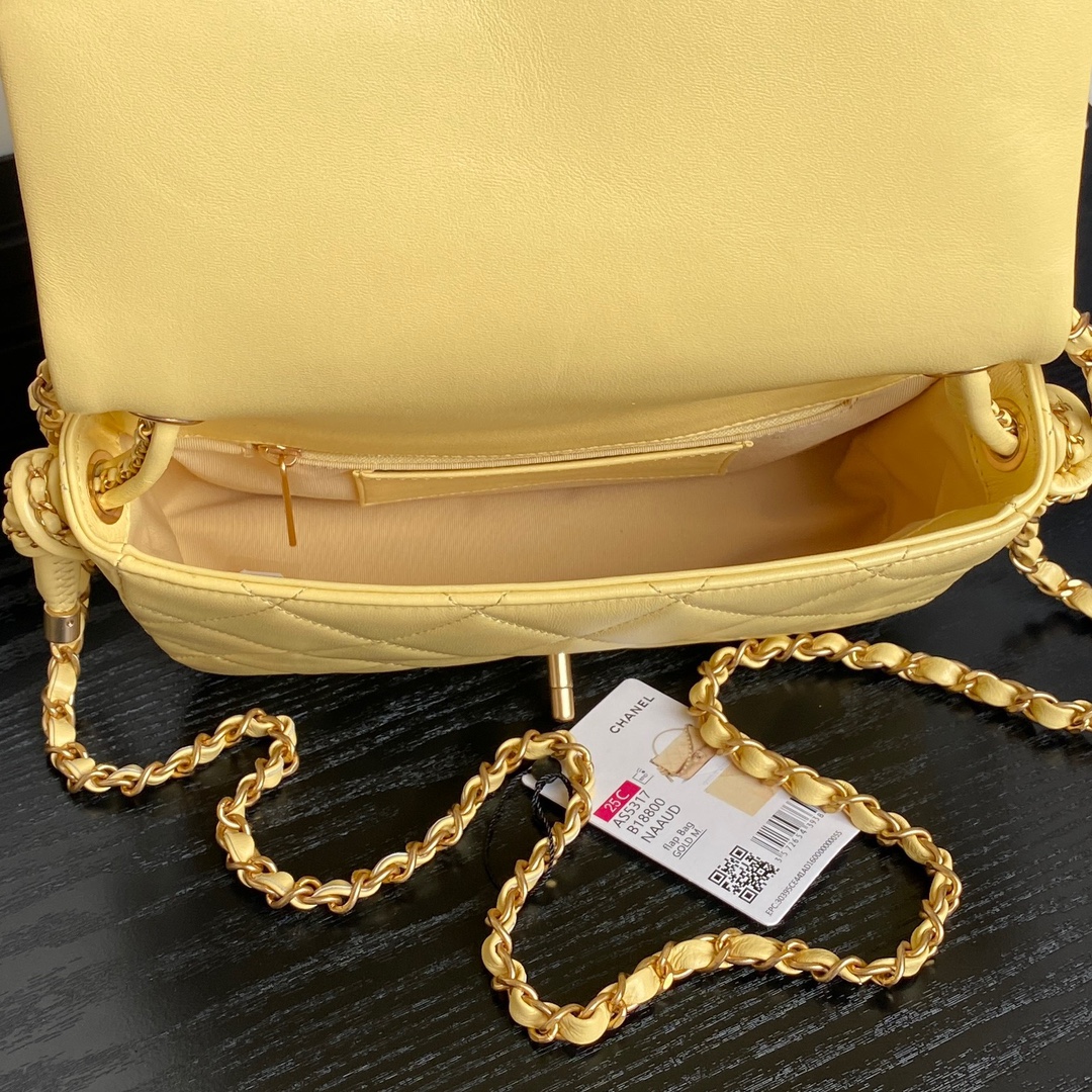 Bagsaaa Ch**el Flap Bag with Top Handle AS5317 Yellow Lambskin - 22 x 24 x 6cm