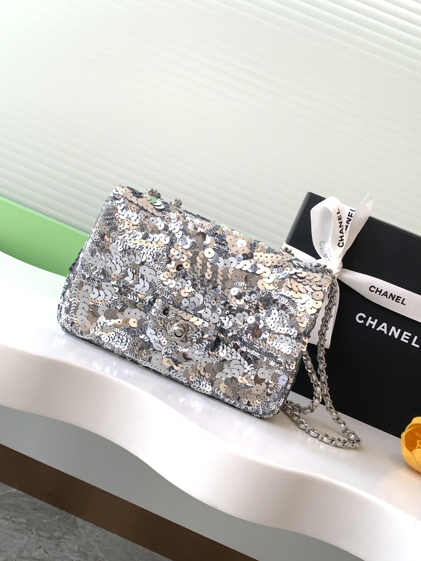Bagsaaa Ch**el Flap Bag Sequins & Silver-Tone Metal AS4561 - 14 × 21 × 8 cm