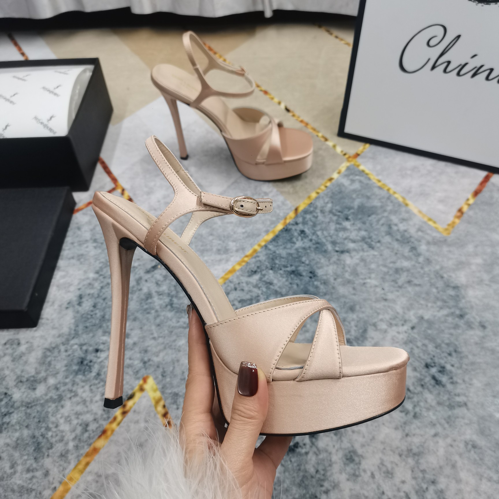 Bagsaaa Y51 Debbie Platform Sandals In Satin Crepe Nude