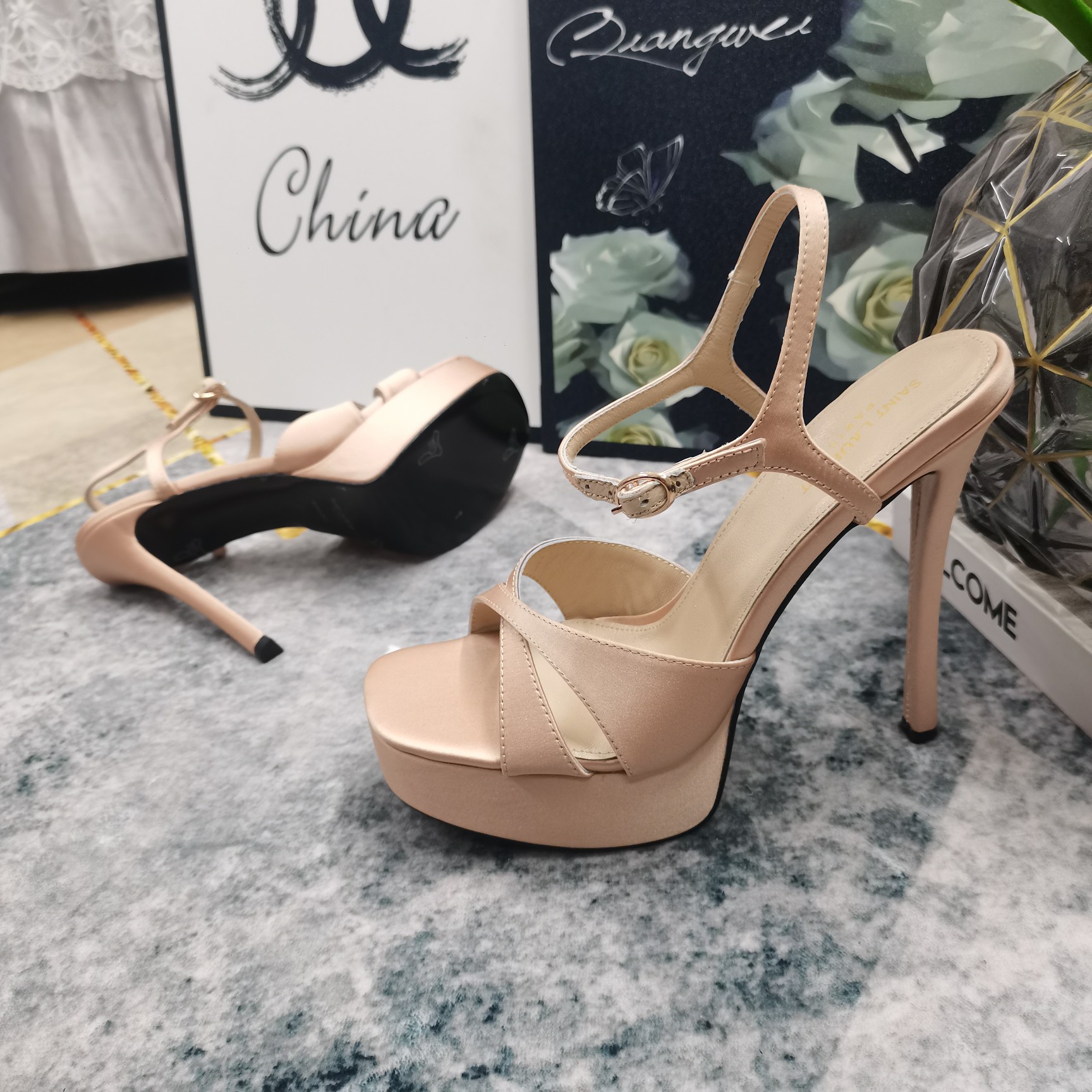 Bagsaaa Y51 Debbie Platform Sandals In Satin Crepe Nude