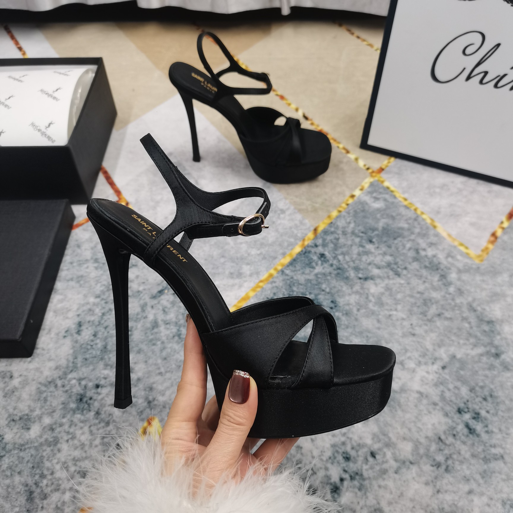 Bagsaaa Y51 Debbie Platform Sandals In Satin Crepe Black