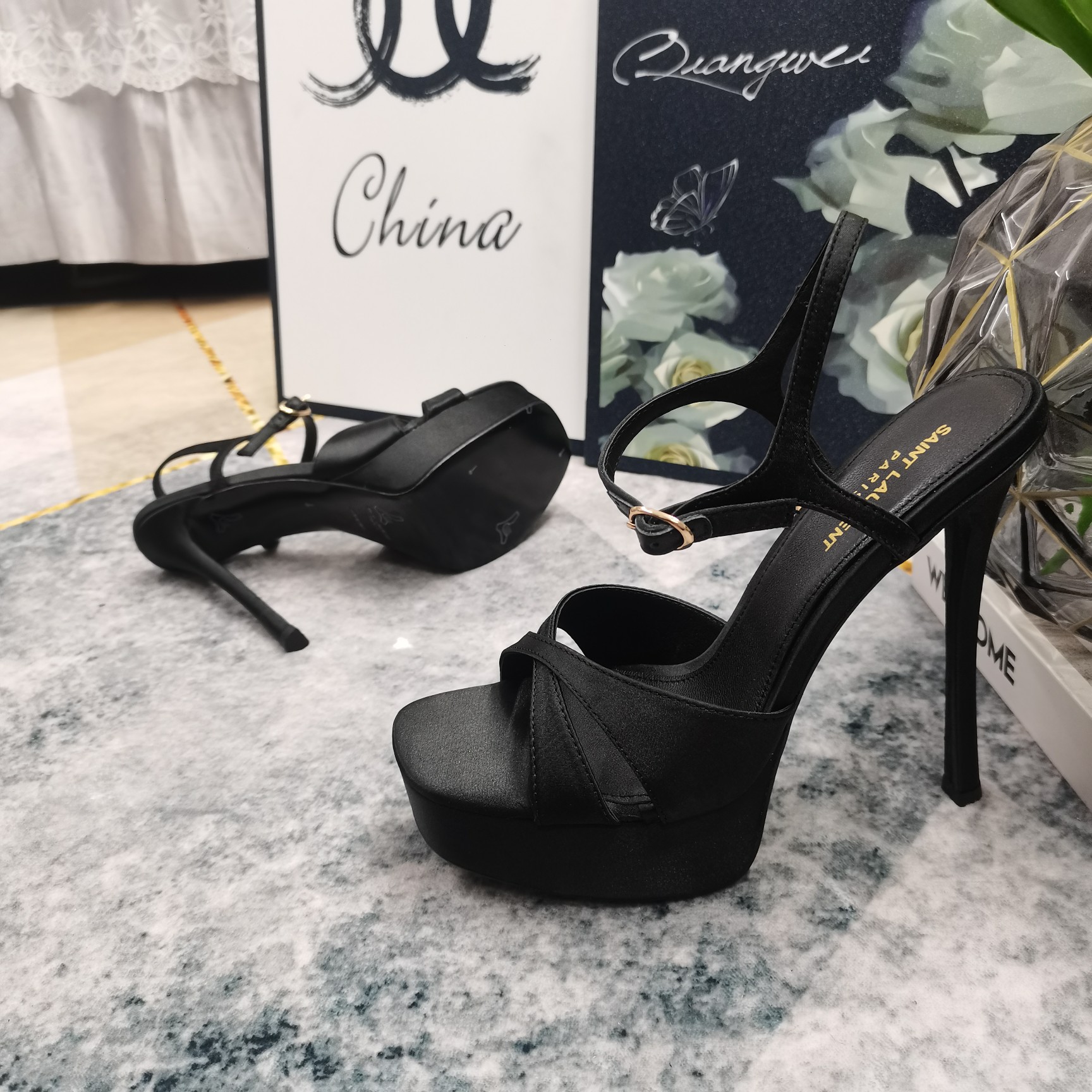 Bagsaaa Y51 Debbie Platform Sandals In Satin Crepe Black