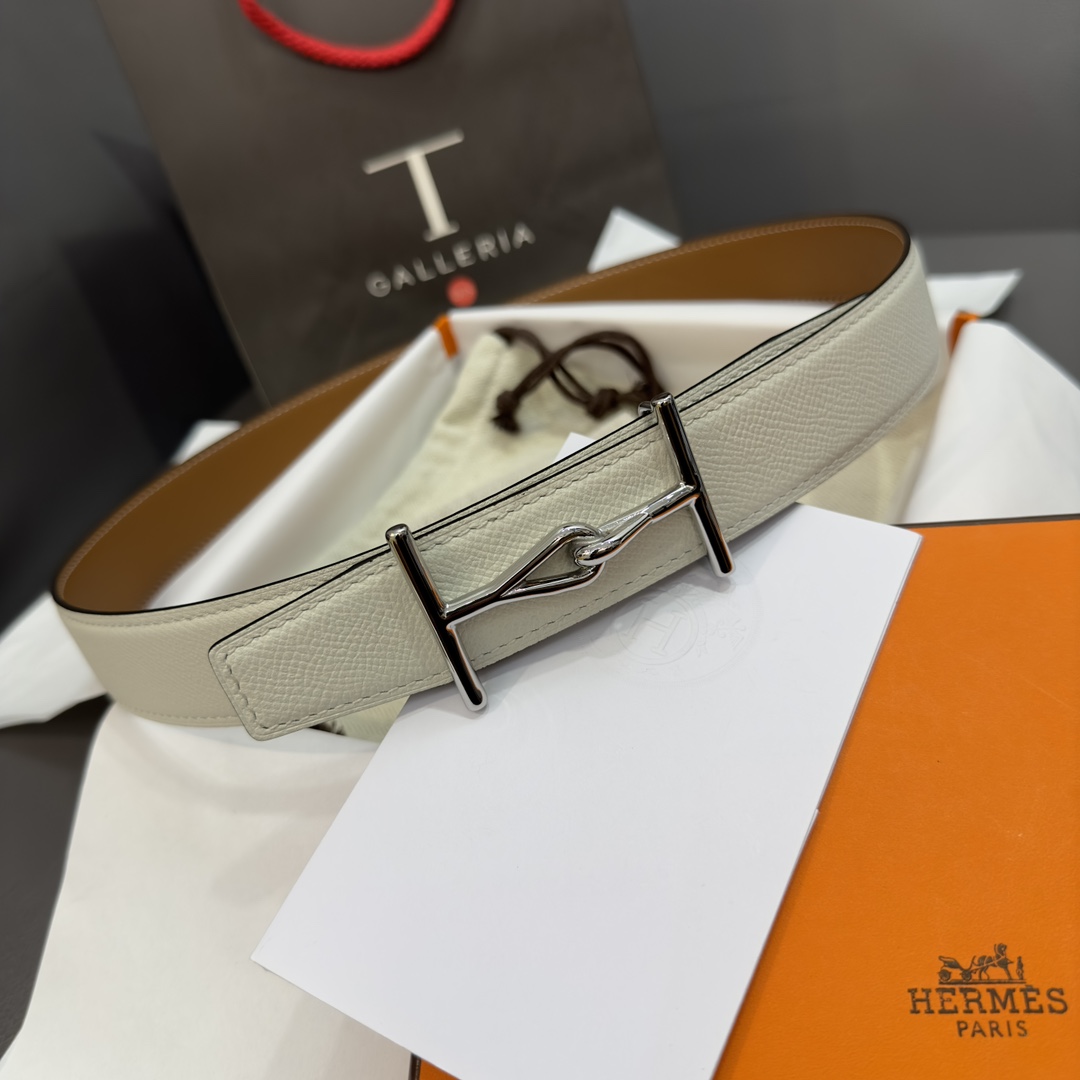 Bagsaaa H**me5 Jumbo belt buckle & Reversible leather strap white & brown - 3.2cm