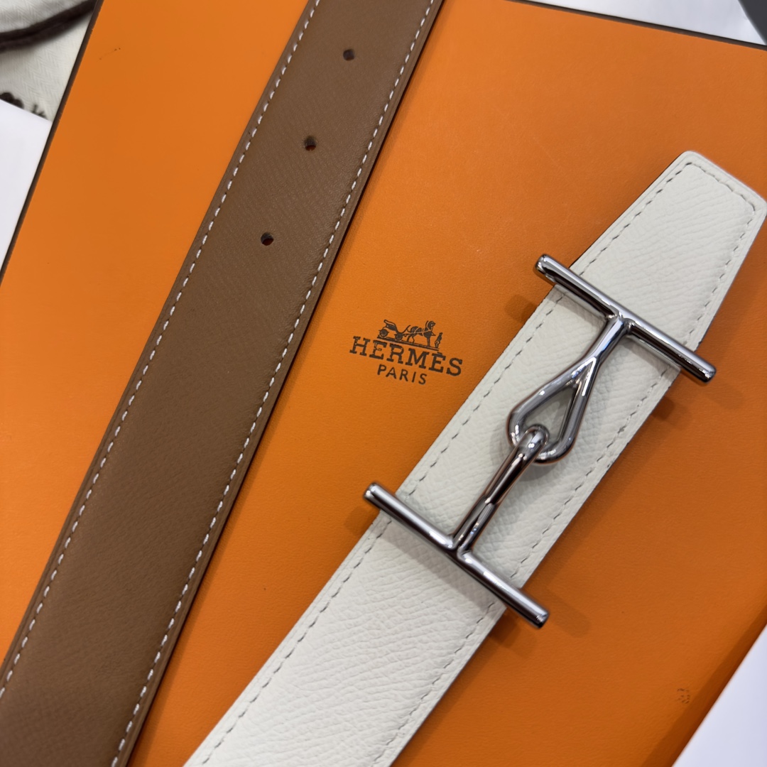 Bagsaaa H**me5 Jumbo belt buckle & Reversible leather strap white & brown - 3.2cm