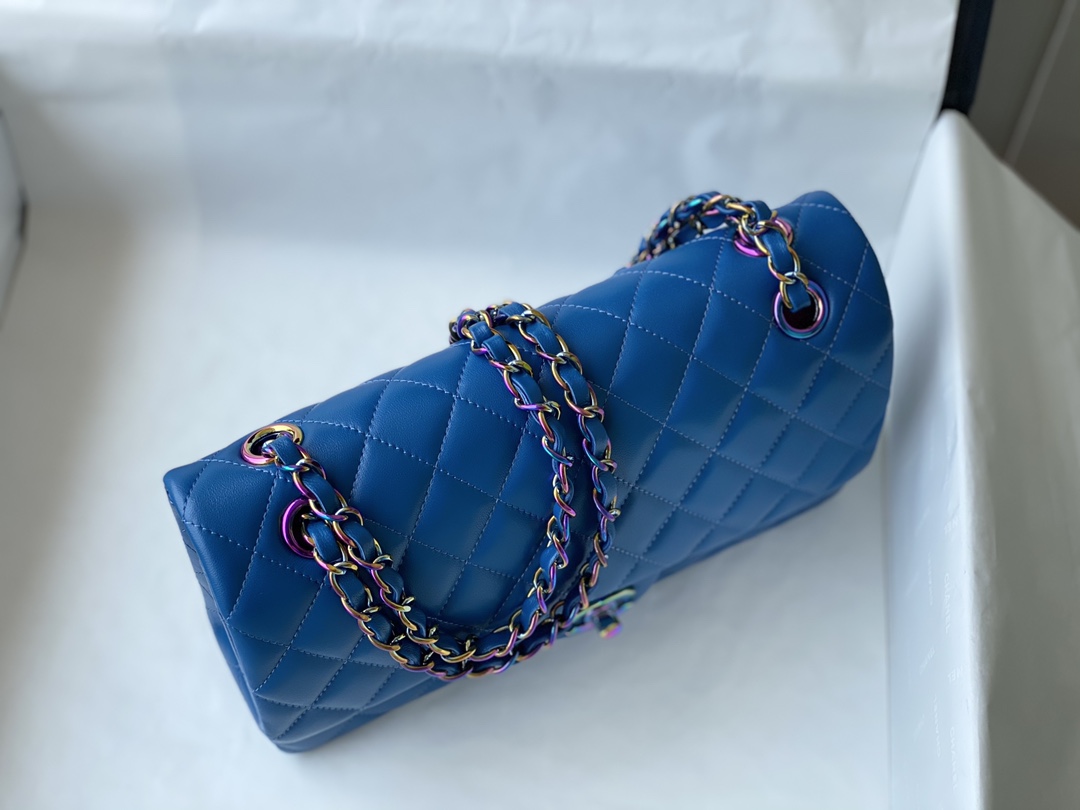 Bagsaaa Ch**el Classic Flap Bag Blue Lambskin With Rainbow Hardware - 25cm