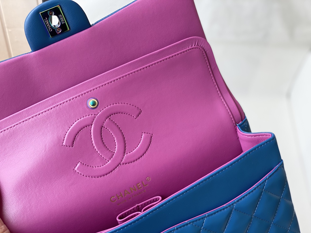 Bagsaaa Ch**el Classic Flap Bag Blue Lambskin With Rainbow Hardware - 25cm