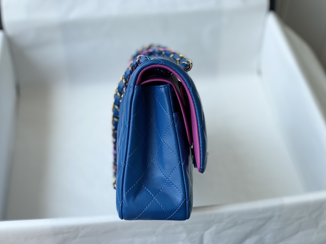 Bagsaaa Ch**el Classic Flap Bag Blue Lambskin With Rainbow Hardware - 25cm