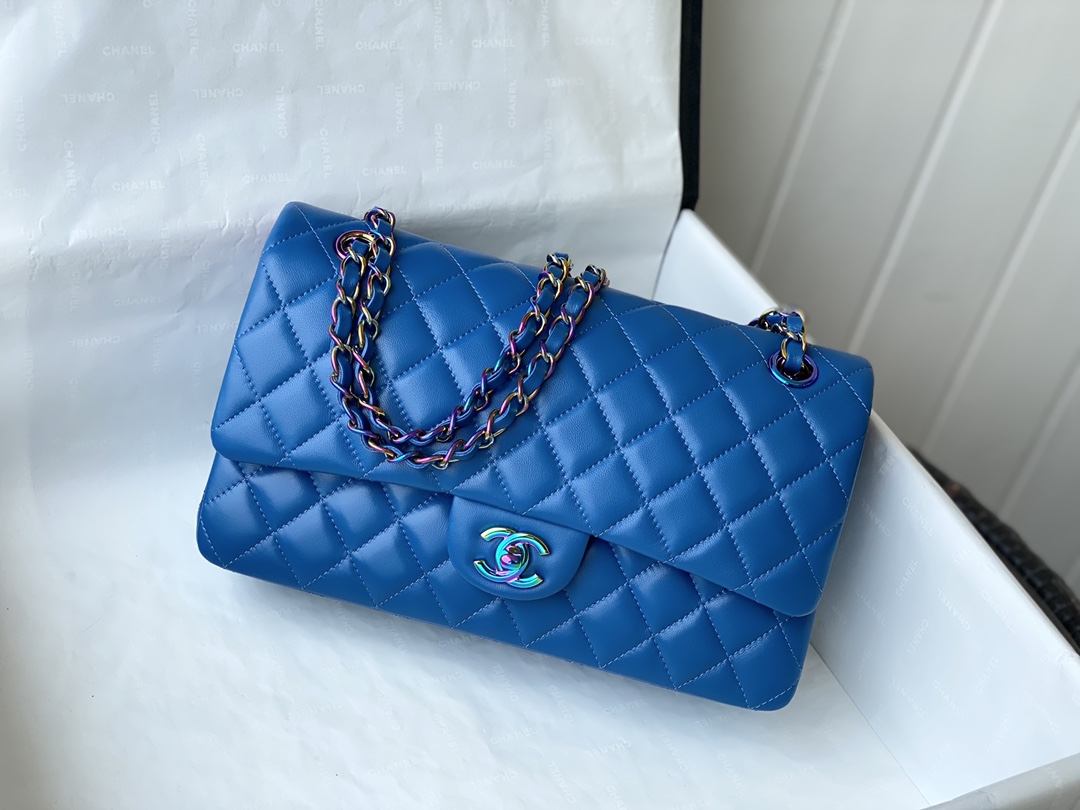 Bagsaaa Ch**el Classic Flap Bag Blue Lambskin With Rainbow Hardware - 25cm