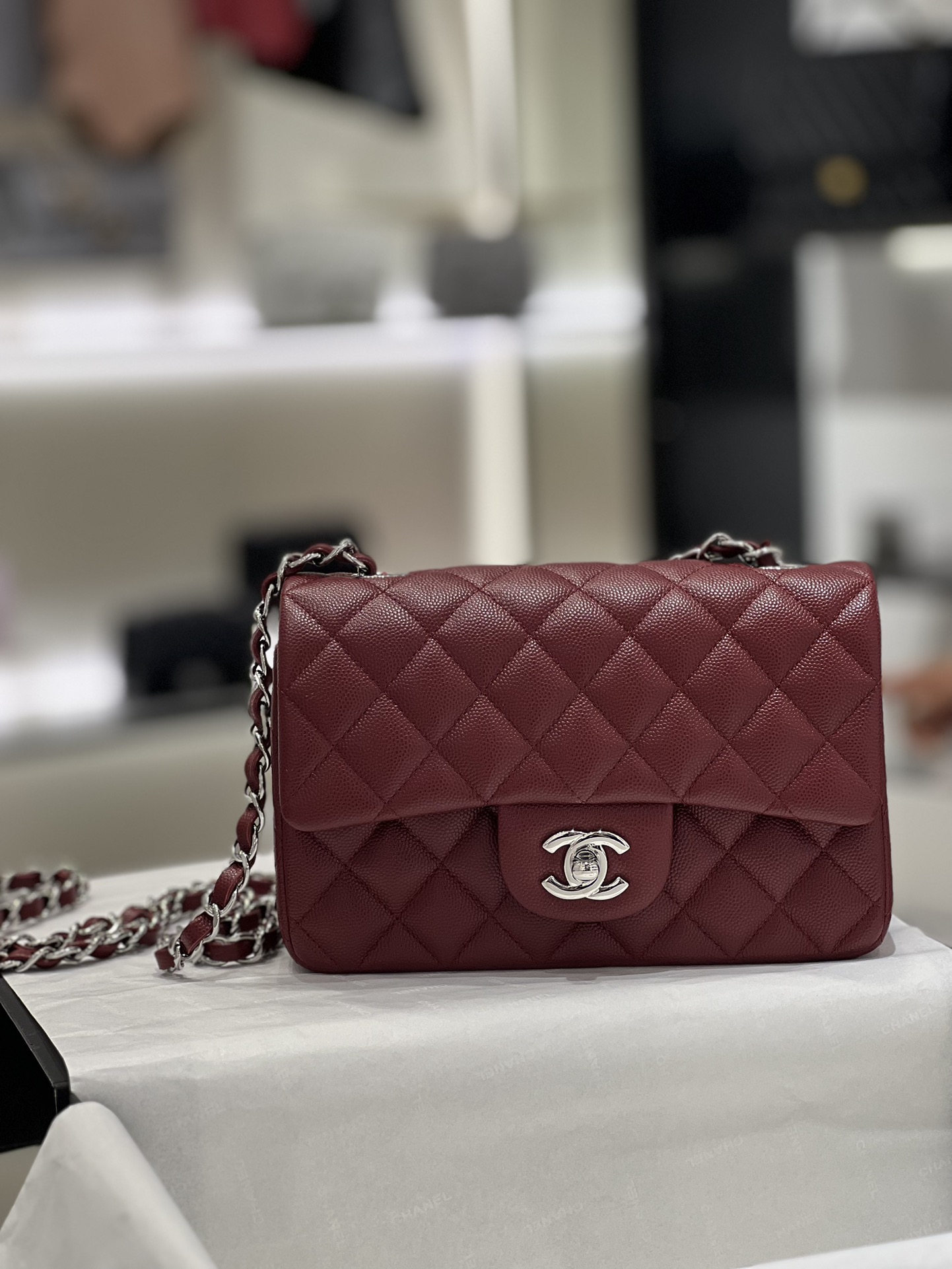 Bagsaaa Ch**el Mini Flap Bag Caviar Dark Red & Silver Hardware - 20cm