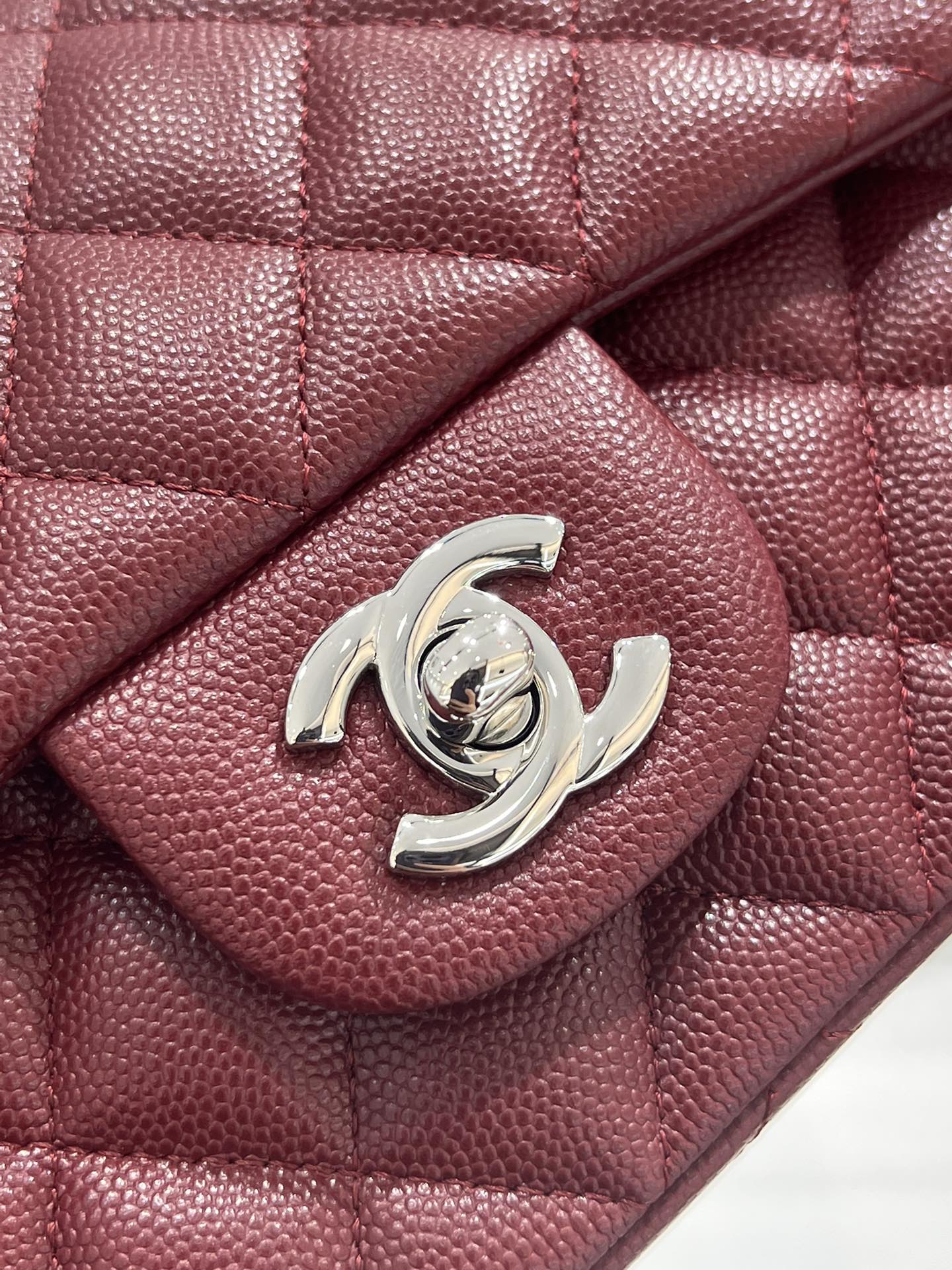 Bagsaaa Ch**el Mini Flap Bag Caviar Dark Red & Silver Hardware - 20cm