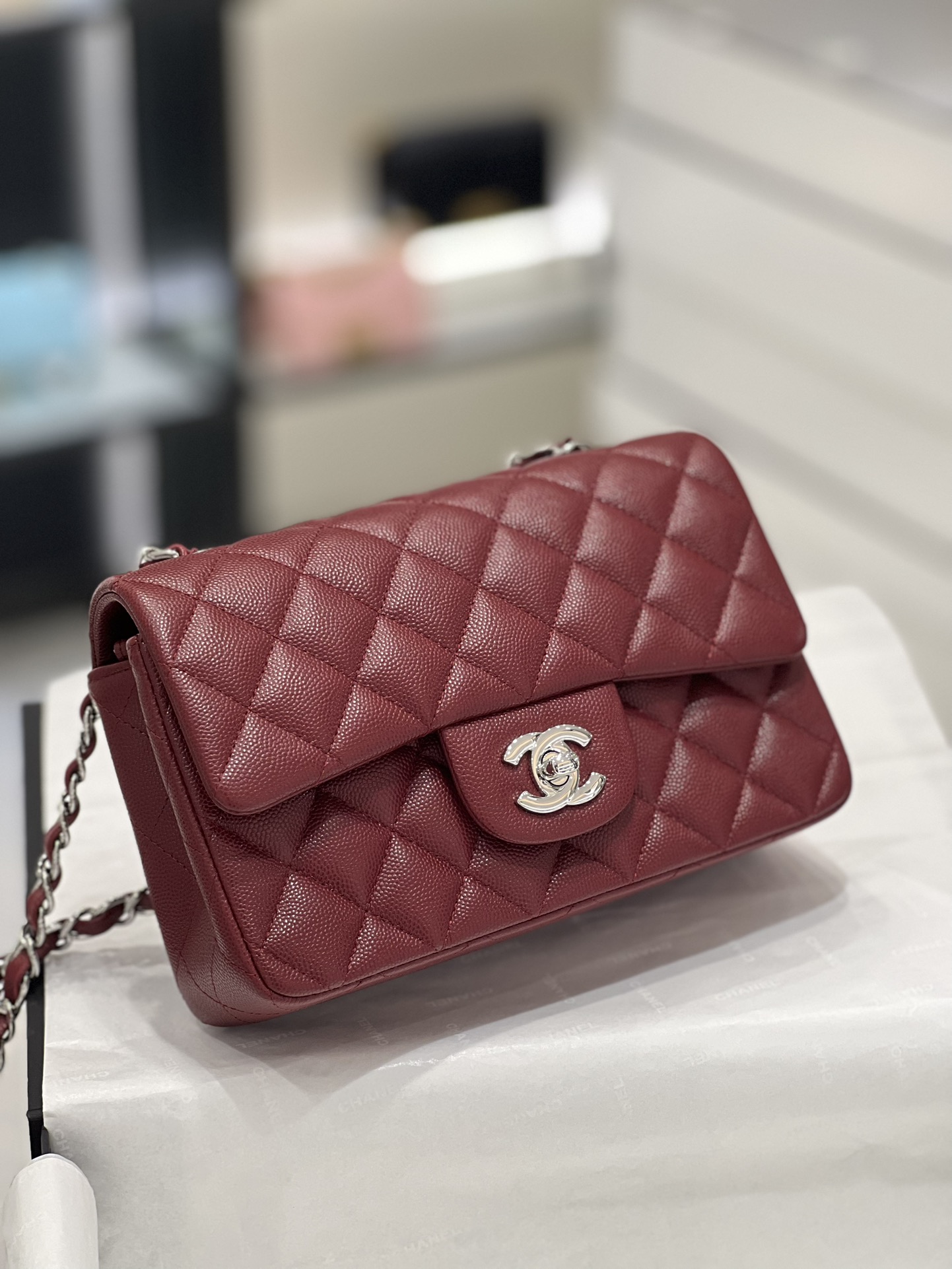 Bagsaaa Ch**el Mini Flap Bag Caviar Dark Red & Silver Hardware - 20cm