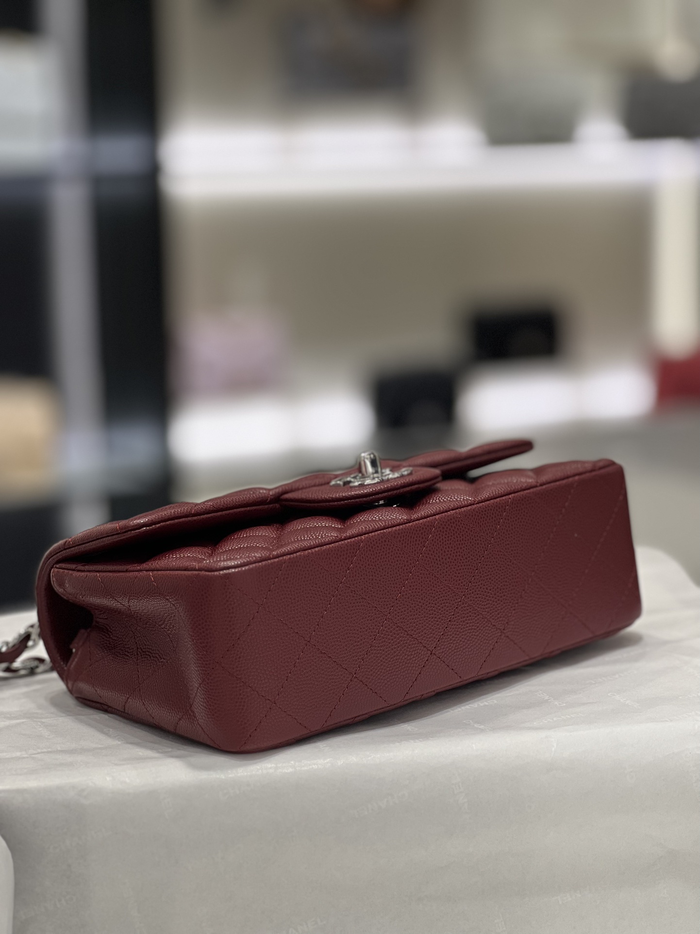 Bagsaaa Ch**el Mini Flap Bag Caviar Dark Red & Silver Hardware - 20cm