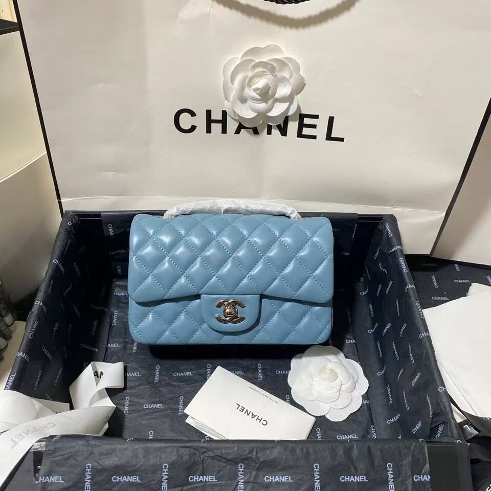 Bagsaaa Ch**el Small Flap Bag Lambskin Blue & Silver Hardware - 20cm