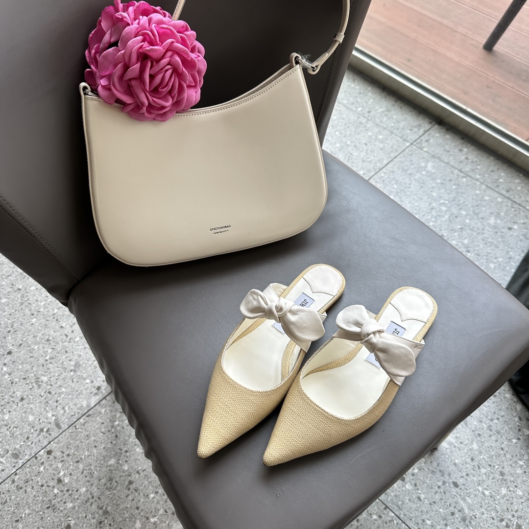 Bagsaaa J1m*y Ch00 Rali Flat Latte Nappa Leather with Raffia Flats