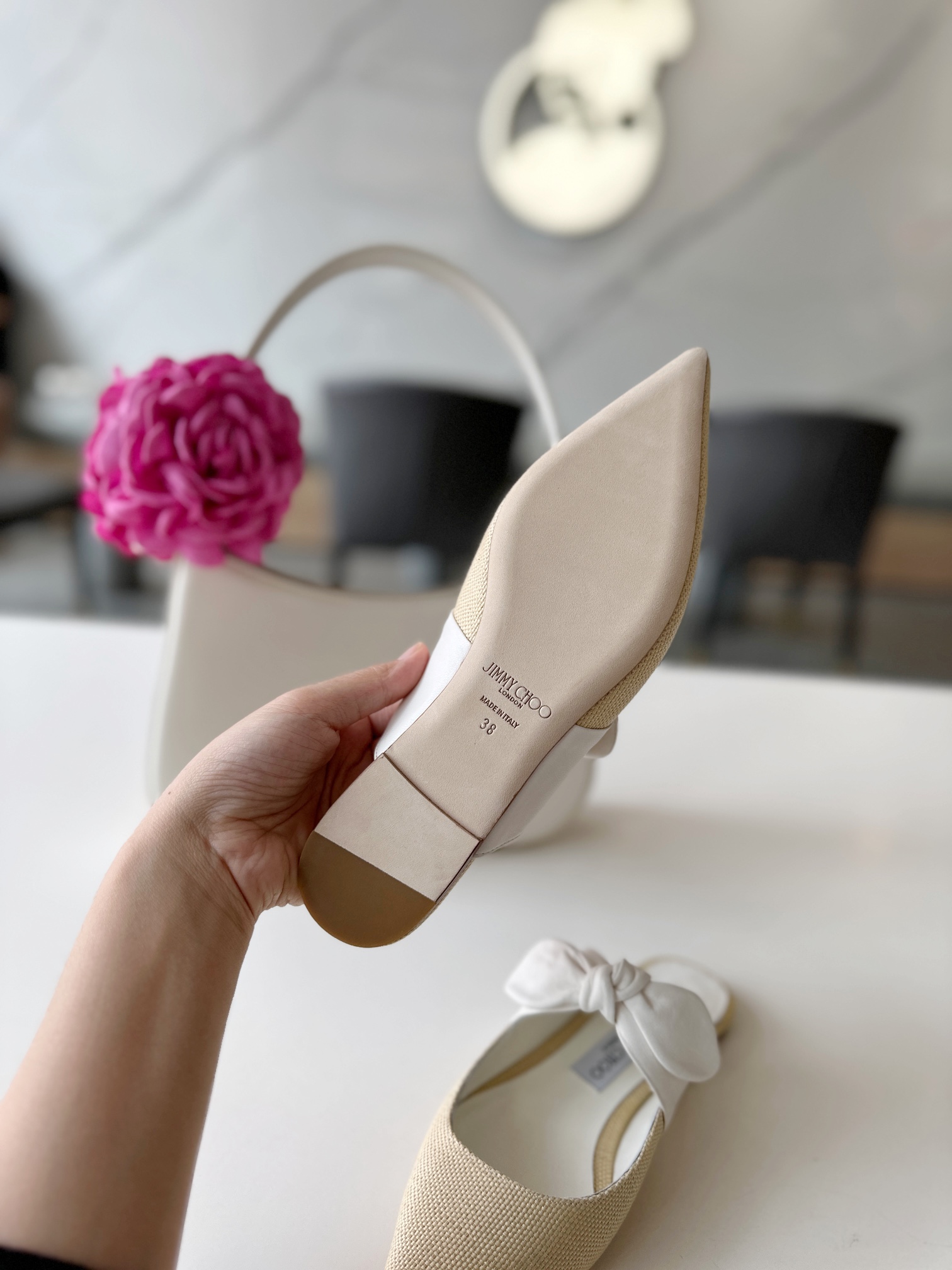 Bagsaaa J1m*y Ch00 Rali Flat Latte Nappa Leather with Raffia Flats