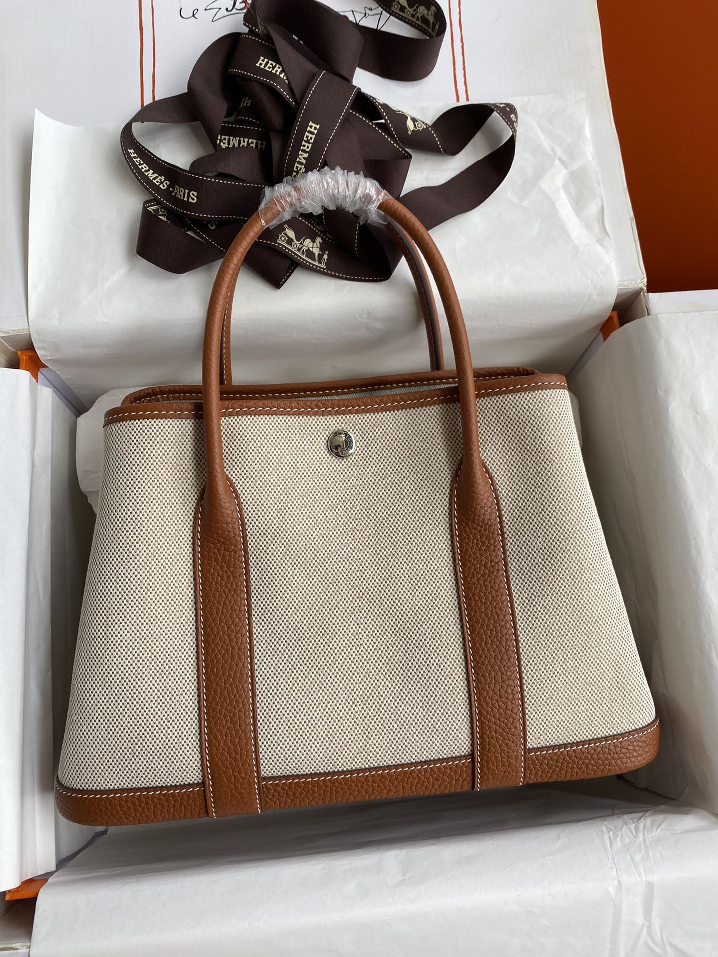 Bagsaaa H**me5 Garden Party Tote Toile and Leather 30cm