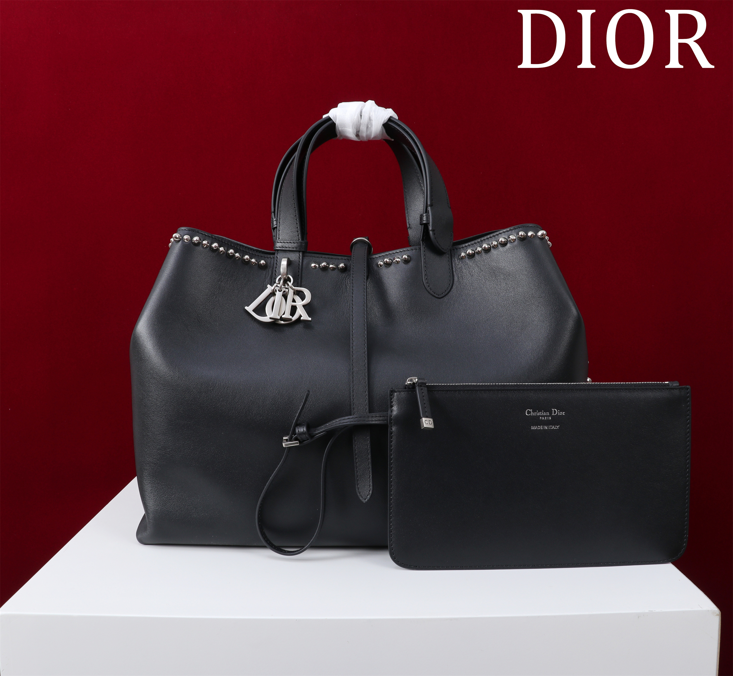 Bagsaaa Large D10r Toujours Bag Black Cannage Calfskin with Silver-Finish Studs and White Resin Pearls - 37cm