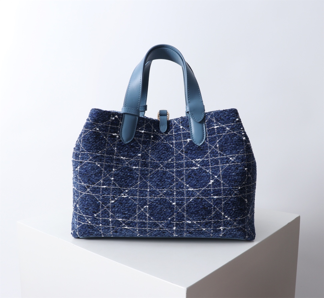 Bagsaaa Medium D10r Toujours Bag Denim Blue Tweed with White Cannage Motif - 28.5 x 21.5 x 17 cm