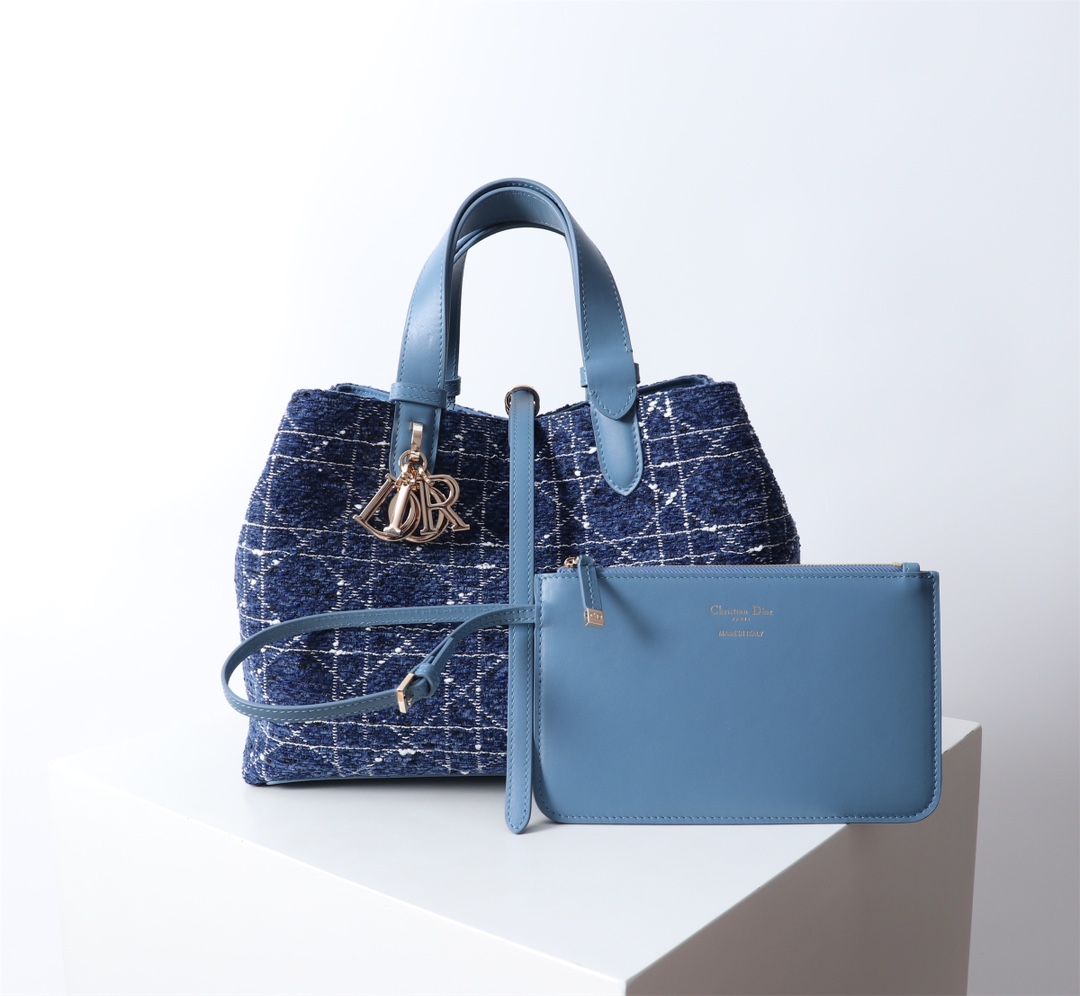 Bagsaaa Medium D10r Toujours Bag Denim Blue Tweed with White Cannage Motif - 28.5 x 21.5 x 17 cm