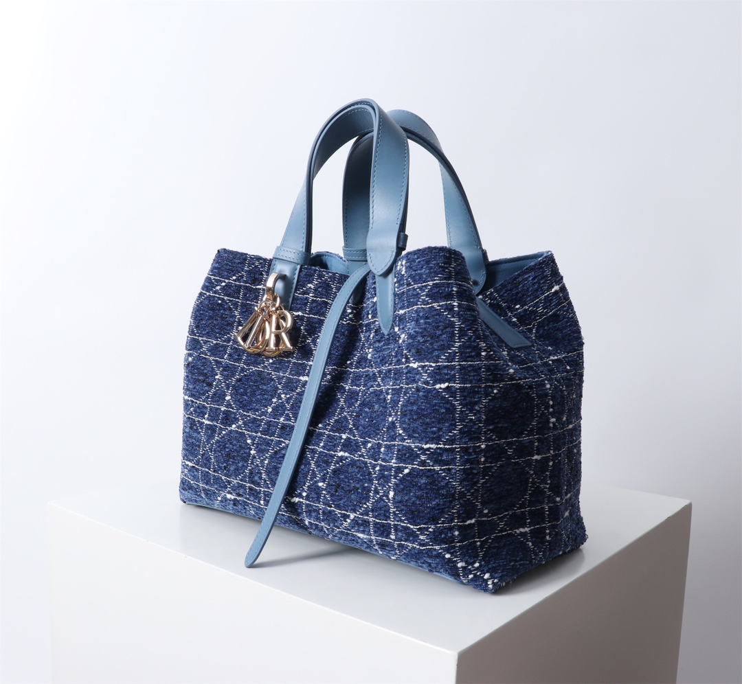 Bagsaaa Medium D10r Toujours Bag Denim Blue Tweed with White Cannage Motif - 28.5 x 21.5 x 17 cm