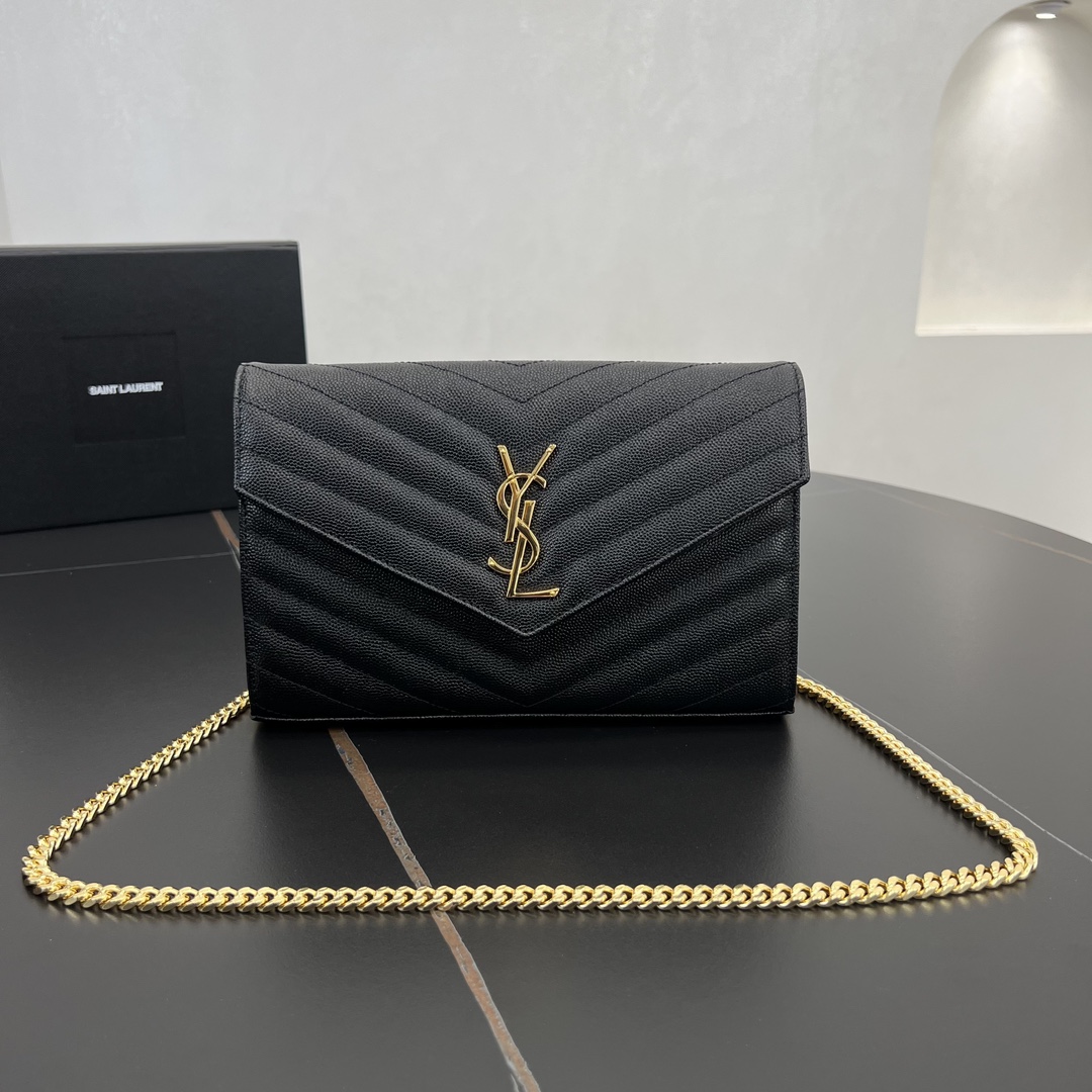 Bagsaaa Y51 classic cassandre chain wallet in grain de poudre leather 377828 black & gold - 22.5cm