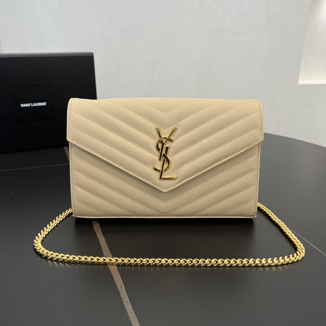Bagsaaa Y51 classic cassandre chain wallet in grain de poudre leather 377828 beige - 22.5cm