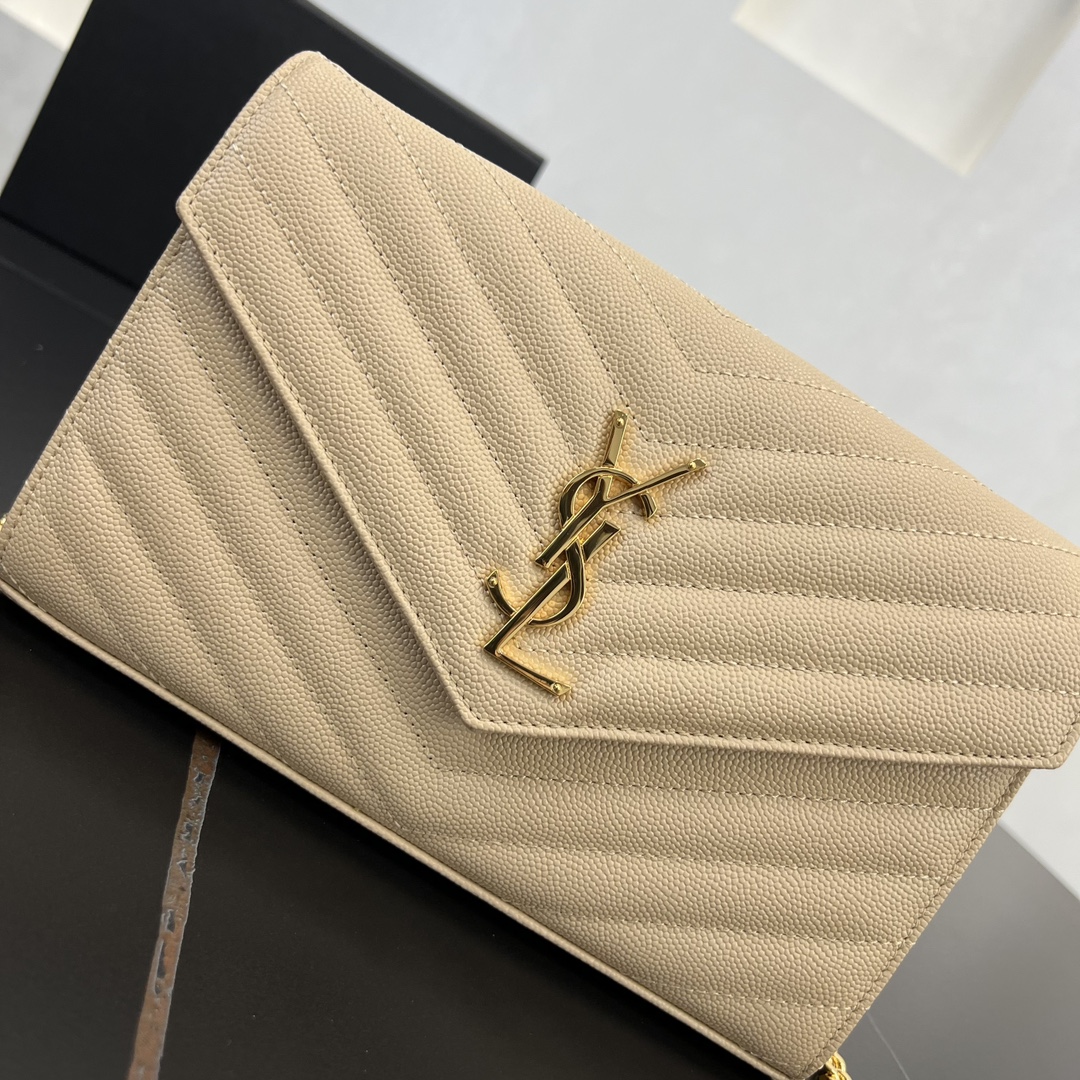 Bagsaaa Y51 classic cassandre chain wallet in grain de poudre leather 377828 beige - 22.5cm