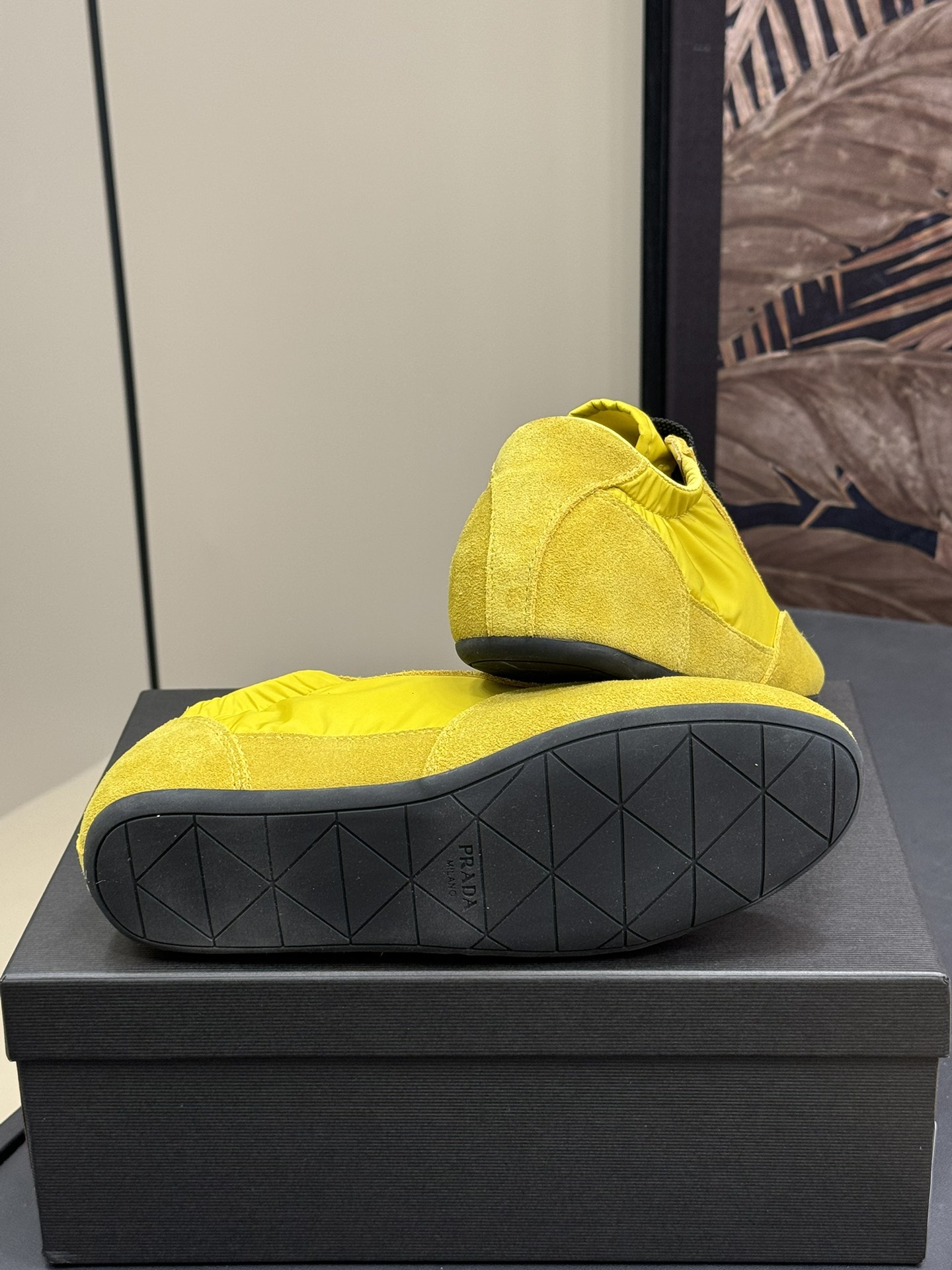 Bagsaaa Pra*a Collapse Re-Nylon and suede elasticized sneakers yellow
