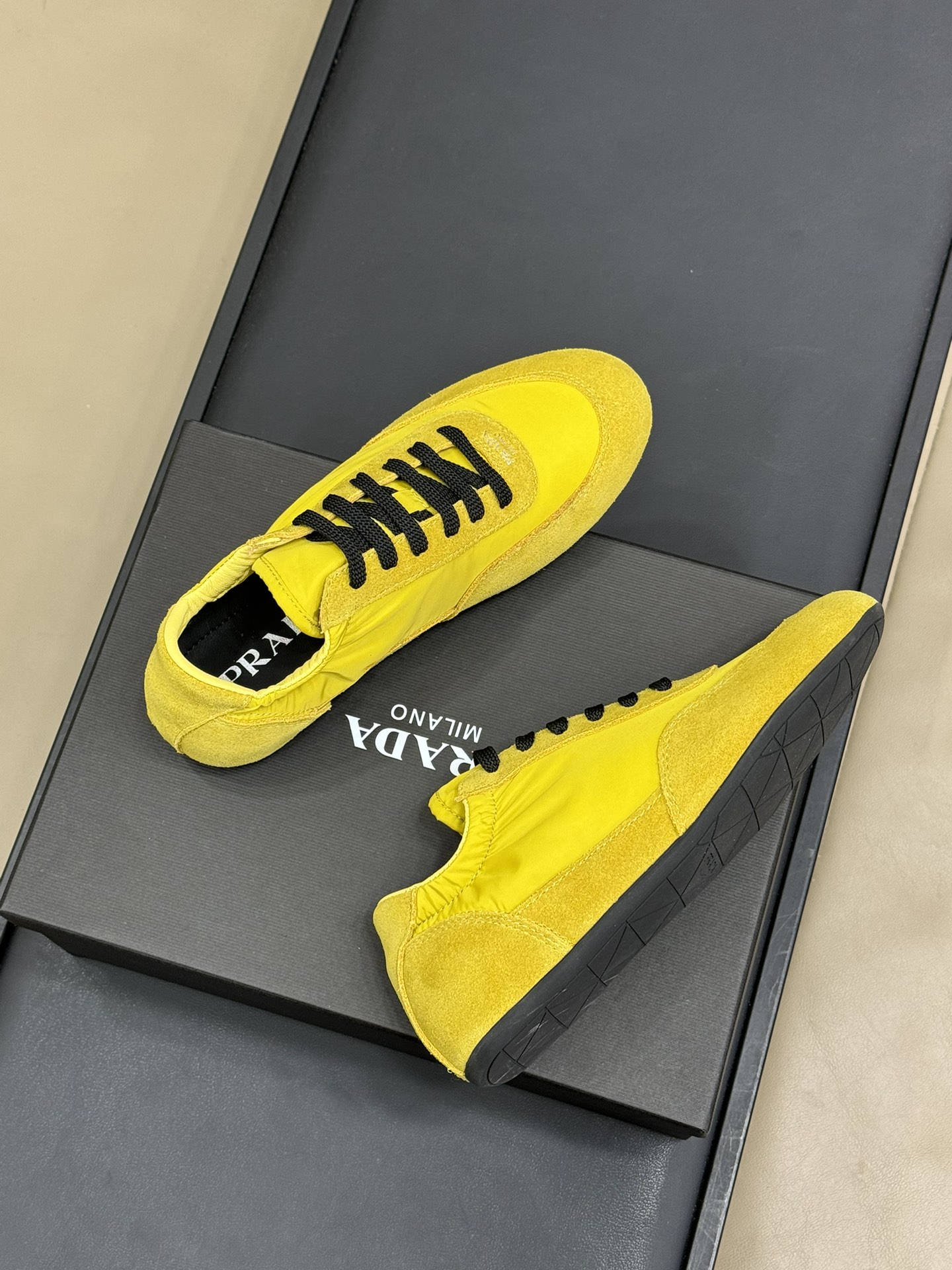 Bagsaaa Pra*a Collapse Re-Nylon and suede elasticized sneakers yellow