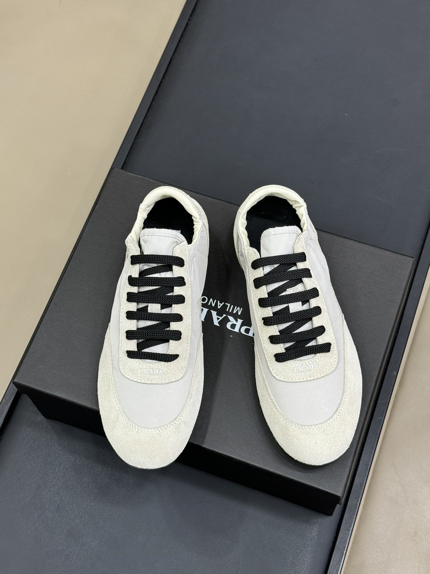 Bagsaaa Pra*a Collapse Re-Nylon and suede elasticized sneakers white