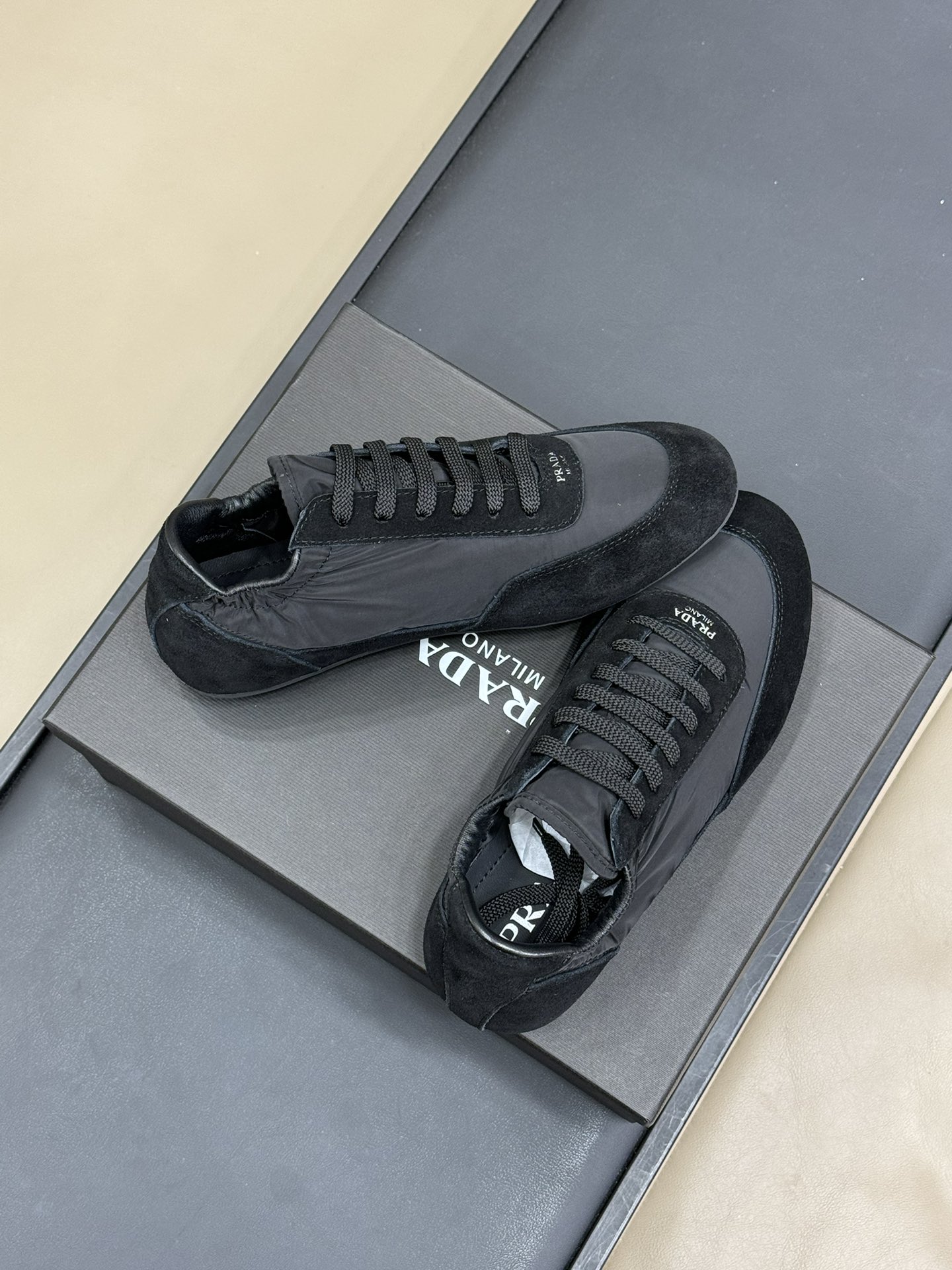 Bagsaaa Pra*a Collapse Re-Nylon and suede elasticized sneakers black