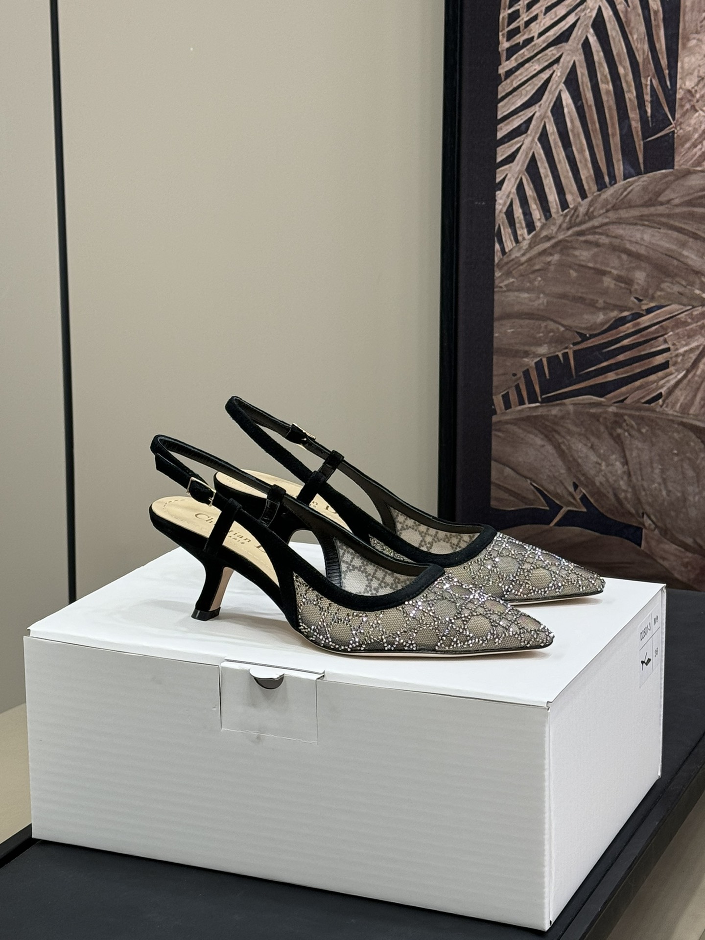 Bagsaaa D10r Capture Slingback Pump Transparent Mesh with Silver-Tone Strass Cannage Motif and Black Suede Goatskin