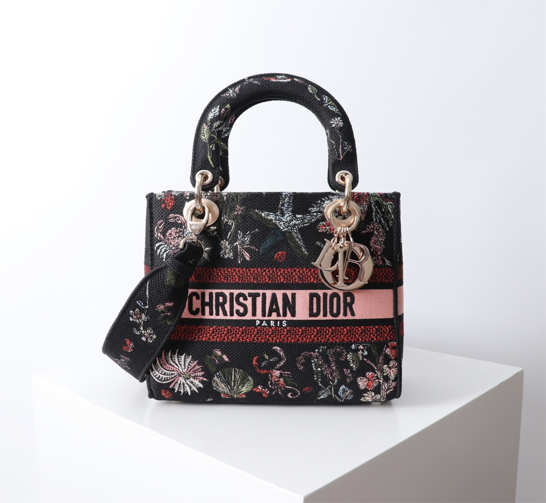 Bagsaaa Medium Lady D-Lite Bag Black Embroidery with Multicolor D10r Cabinet de Curiosités Motif - 24cm