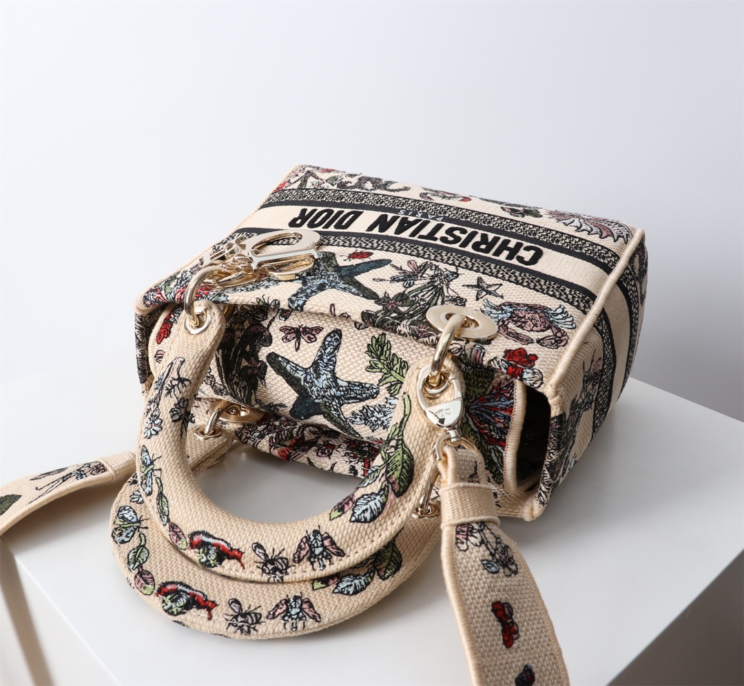 Bagsaaa Medium Lady D-Lite Bag Beige Raffia with Multicolor D10r Cabinet de Curiosités Embroidery - 24cm