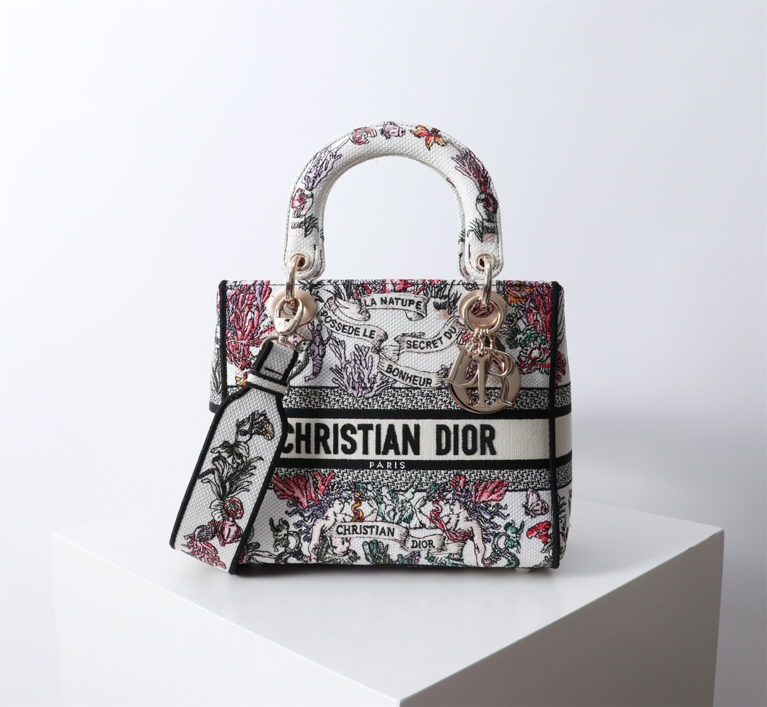 Bagsaaa Medium Lady D-Lite Bag Latte Embroidery with Multicolor D10r Cabinet de la Mer Motif - 24cm