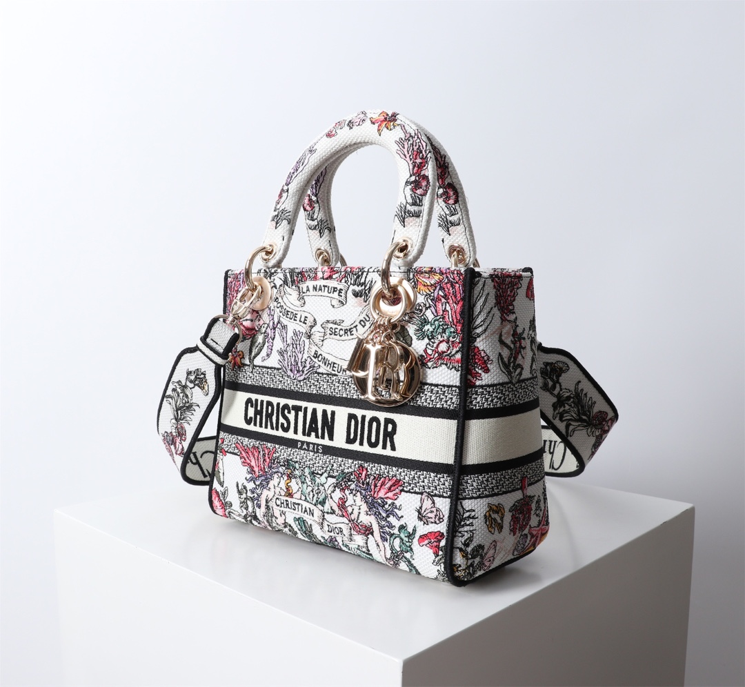 Bagsaaa Medium Lady D-Lite Bag Latte Embroidery with Multicolor D10r Cabinet de la Mer Motif - 24cm