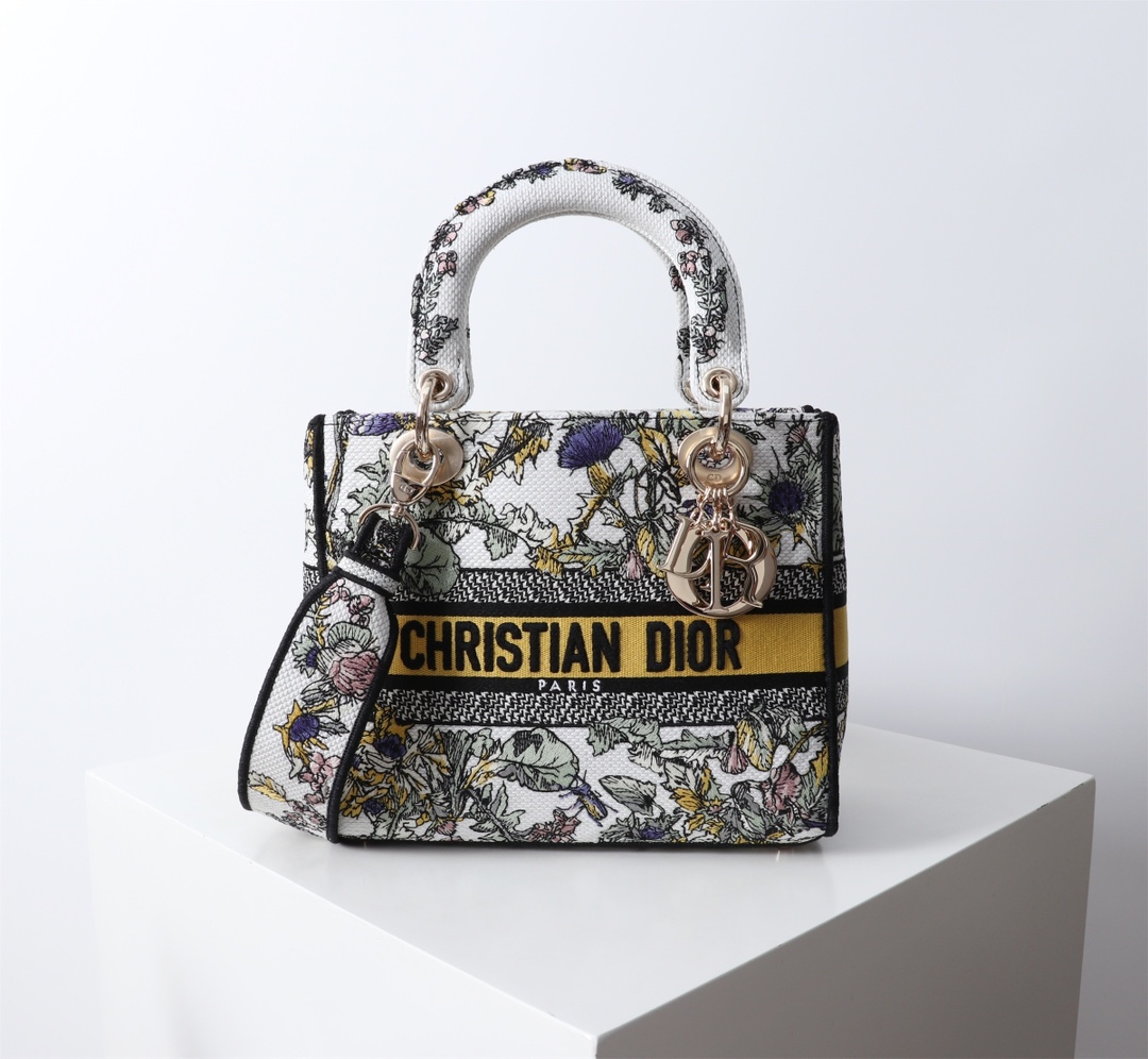 Bagsaaa Medium Lady D-Lite Bag Latte Embroidery with Yellow Multicolor D10r Chardons Motif - 24cm