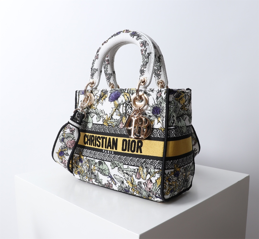 Bagsaaa Medium Lady D-Lite Bag Latte Embroidery with Yellow Multicolor D10r Chardons Motif - 24cm