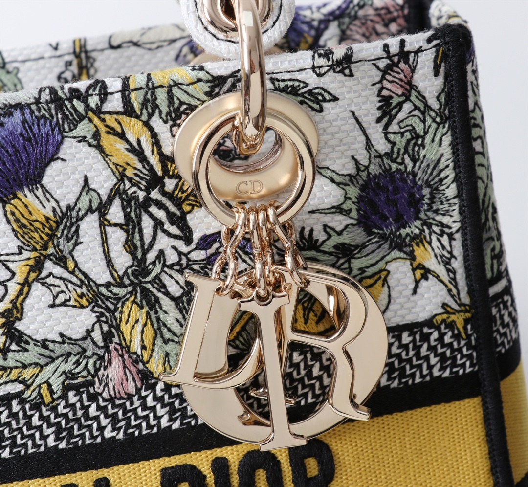Bagsaaa Medium Lady D-Lite Bag Latte Embroidery with Yellow Multicolor D10r Chardons Motif - 24cm