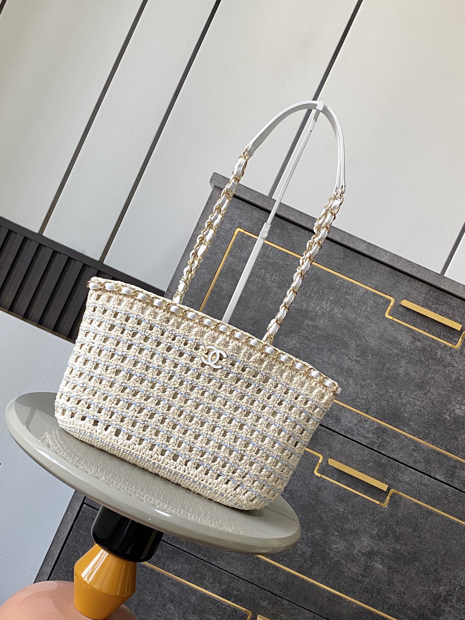 Bagsaaa Ch**el Small Tote Beige & White Cotton Crochet AS5235 - 21 x 33 x 11cm