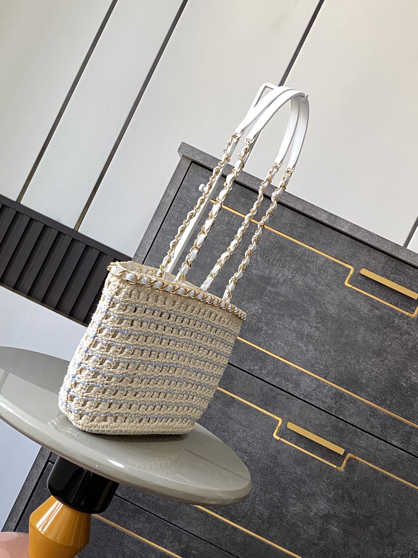 Bagsaaa Ch**el Small Tote Beige & White Cotton Crochet AS5235 - 21 x 33 x 11cm