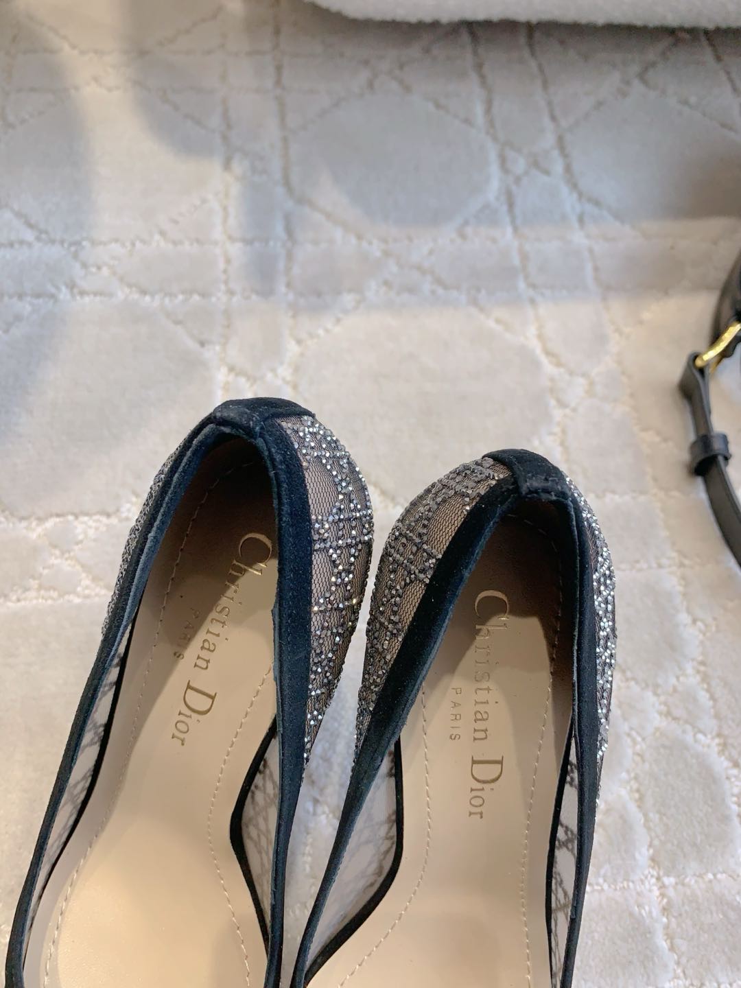 Bagsaaa D10r Capture Pump Transparent Mesh with Silver-Tone Strass Cannage Motif and Black Suede Goatskin - 10cm
