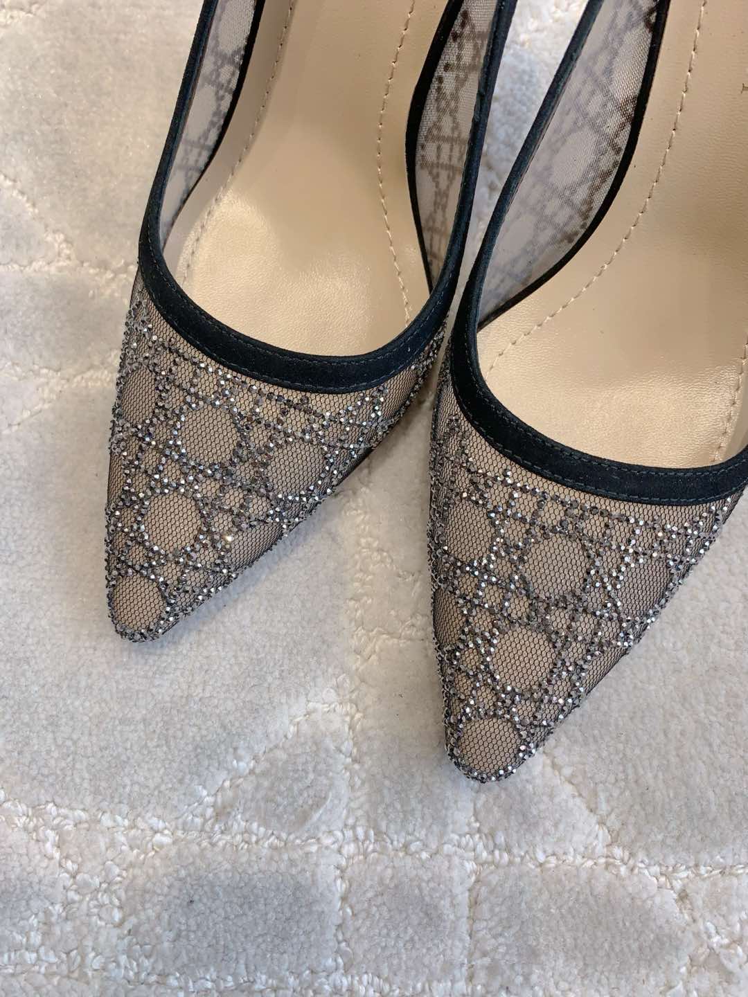 Bagsaaa D10r Capture Pump Transparent Mesh with Silver-Tone Strass Cannage Motif and Black Suede Goatskin - 10cm