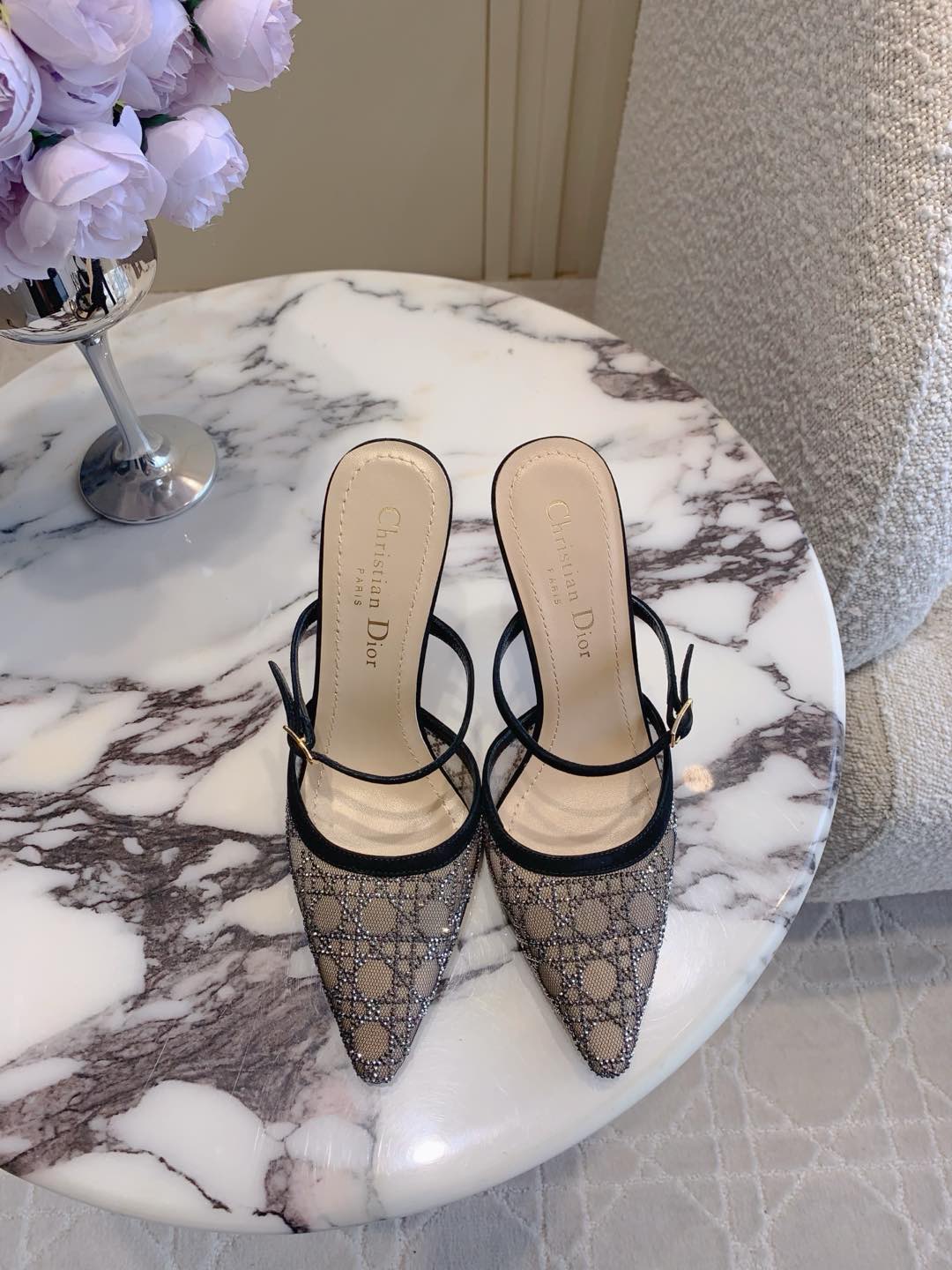 Bagsaaa D10r Capture Heeled Mule Transparent Mesh with Silver-Tone Strass Cannage Motif and Black Suede Goatskin