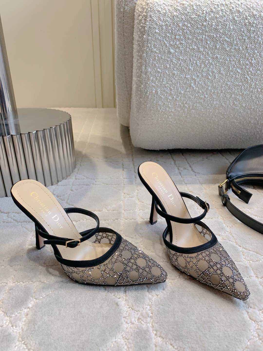 Bagsaaa D10r Capture Heeled Mule Transparent Mesh with Silver-Tone Strass Cannage Motif and Black Suede Goatskin