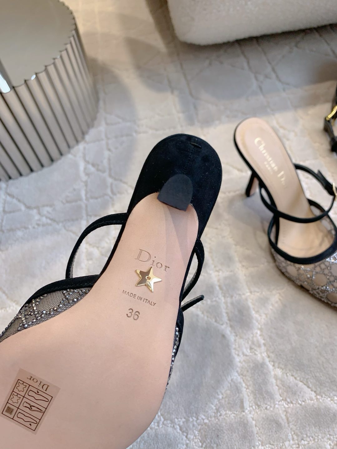 Bagsaaa D10r Capture Heeled Mule Transparent Mesh with Silver-Tone Strass Cannage Motif and Black Suede Goatskin