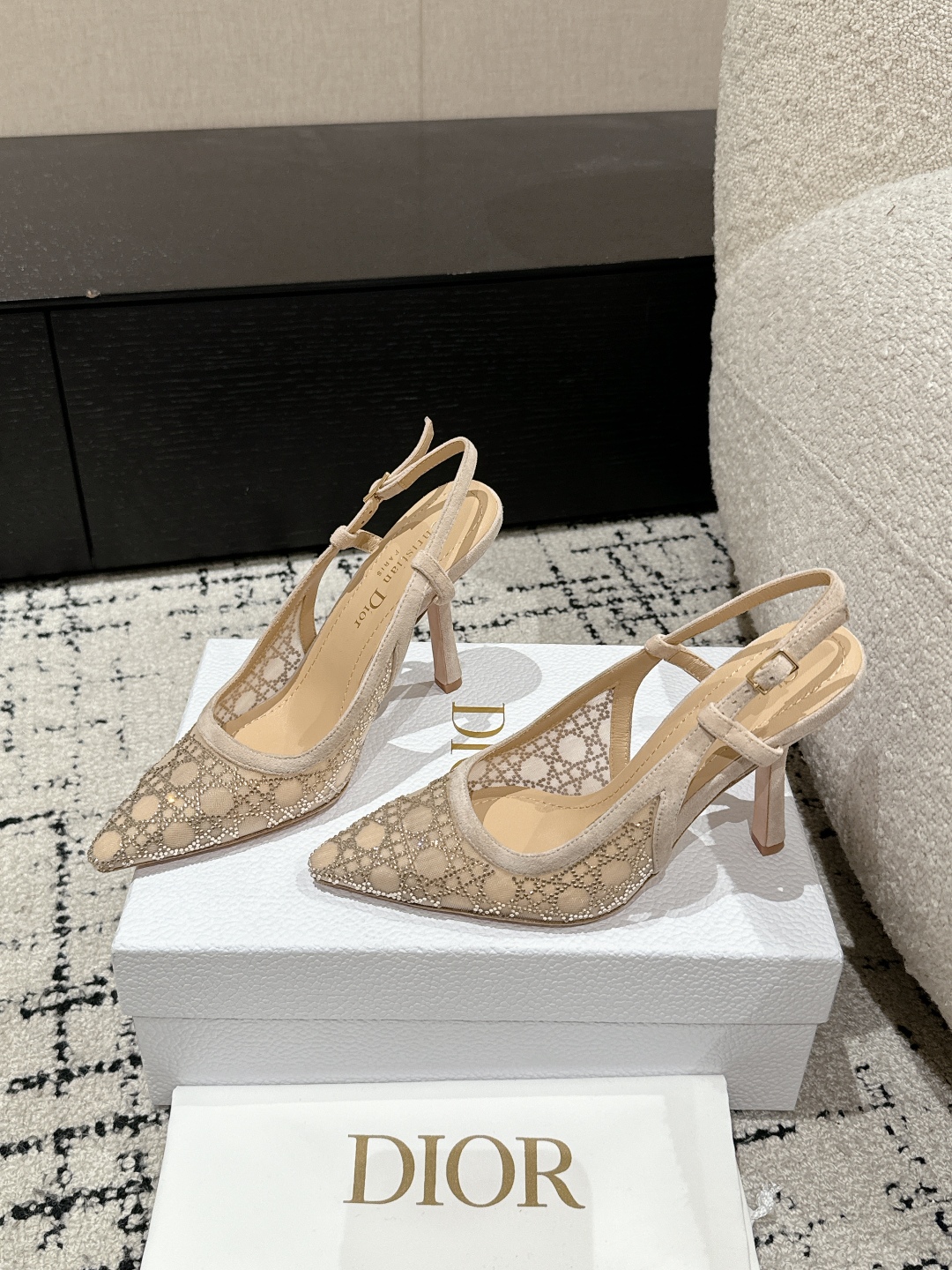 Bagsaaa D10r Capture Slingback Pump Transparent Mesh with Strass Cannage Motif and Nude Suede Goatskin