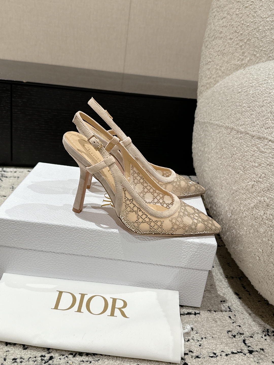 Bagsaaa D10r Capture Slingback Pump Transparent Mesh with Strass Cannage Motif and Nude Suede Goatskin