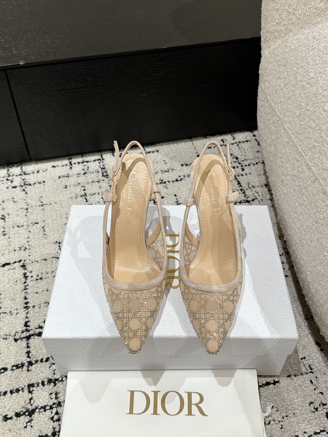 Bagsaaa D10r Capture Heeled Mule Transparent Mesh with Strass Cannage Motif and Nude Suede Goatskin