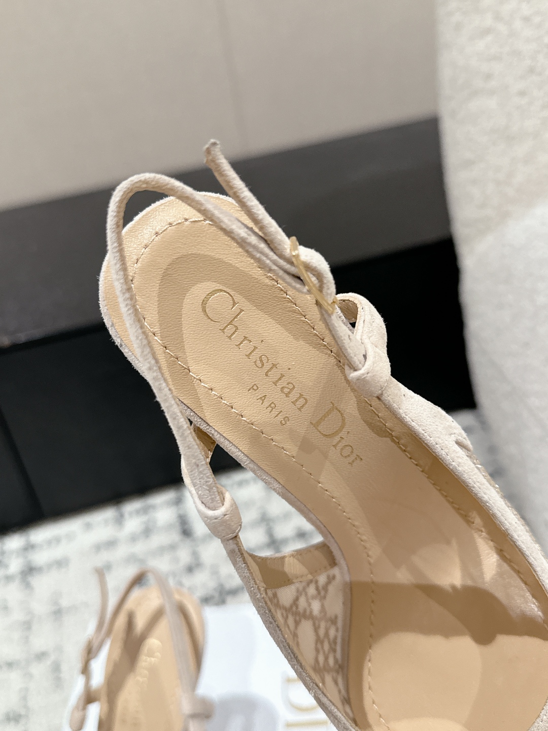 Bagsaaa D10r Capture Heeled Mule Transparent Mesh with Strass Cannage Motif and Nude Suede Goatskin